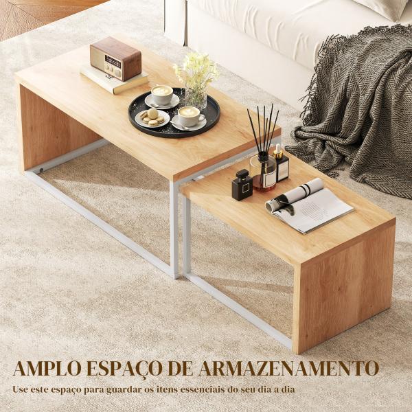 Conjunto de 2 Mesas de Centro com Pés de Metal Estilo Industrial 90x48x42 cm e 59x42x36 cm Branco e Madeira