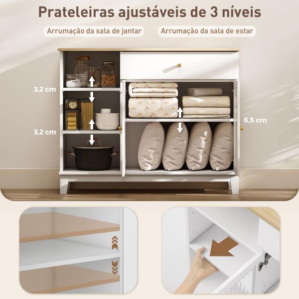 Aparador 2 Portas de Vidro Aparador para Sala Moderno com Gaveta Compartimentos Abertos 100x35x80,3 cm Branco
