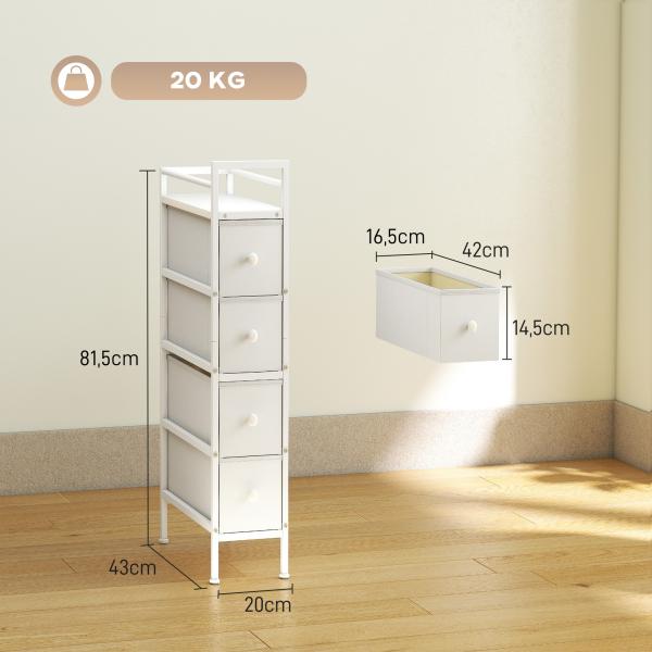 Móvel de Arrumação Estreito com 4 Gavetas de Tecido para Espaços Pequenos 20x43x81,5 cm Branco