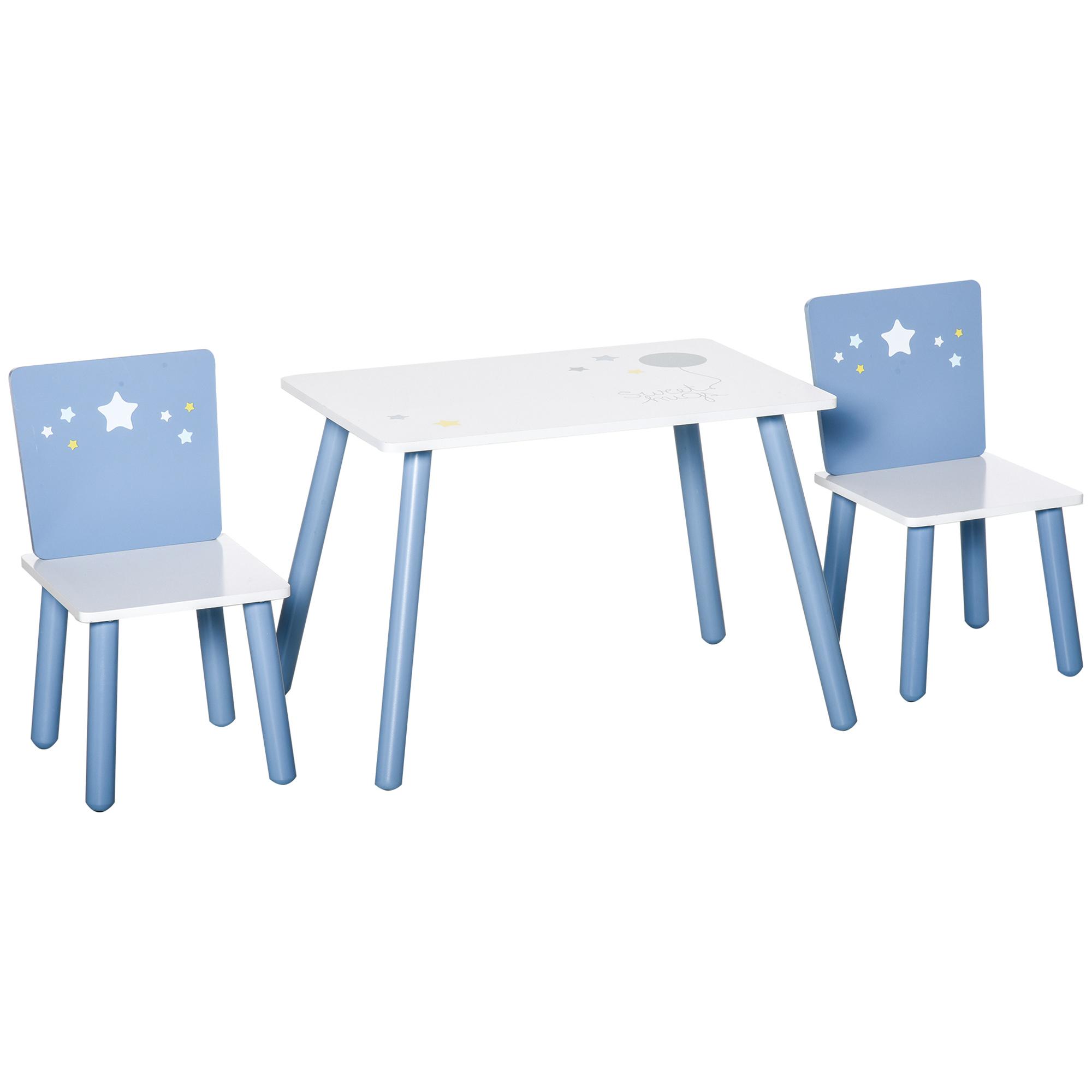 Conjunto de Mesa Infantil e 2 Cadeiras de Madeira Mesa com Cadeiras para Crianças de 2 - 4 Anos Branco e Azul