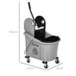 Balde de Esfregona Comercial com Espremedor de Pressão para Baixo Capacidade 36L com 4 Rodas 2 Cubetas 54x41x91,5 cm Cinza