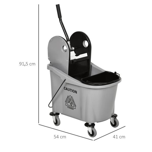 Balde de Esfregona Comercial com Espremedor de Pressão para Baixo Capacidade 36L com 4 Rodas 2 Cubetas 54x41x91,5 cm Cinza