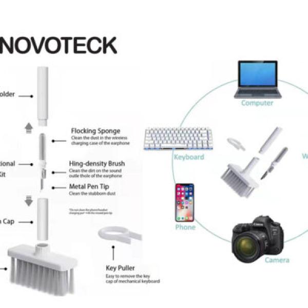 Kit de Limpeza Multifuncional NOVOTECK PJ - 001 - Para Dispositivos Eletrônicos com Esponja de Flocagem e Extrator de Teclas