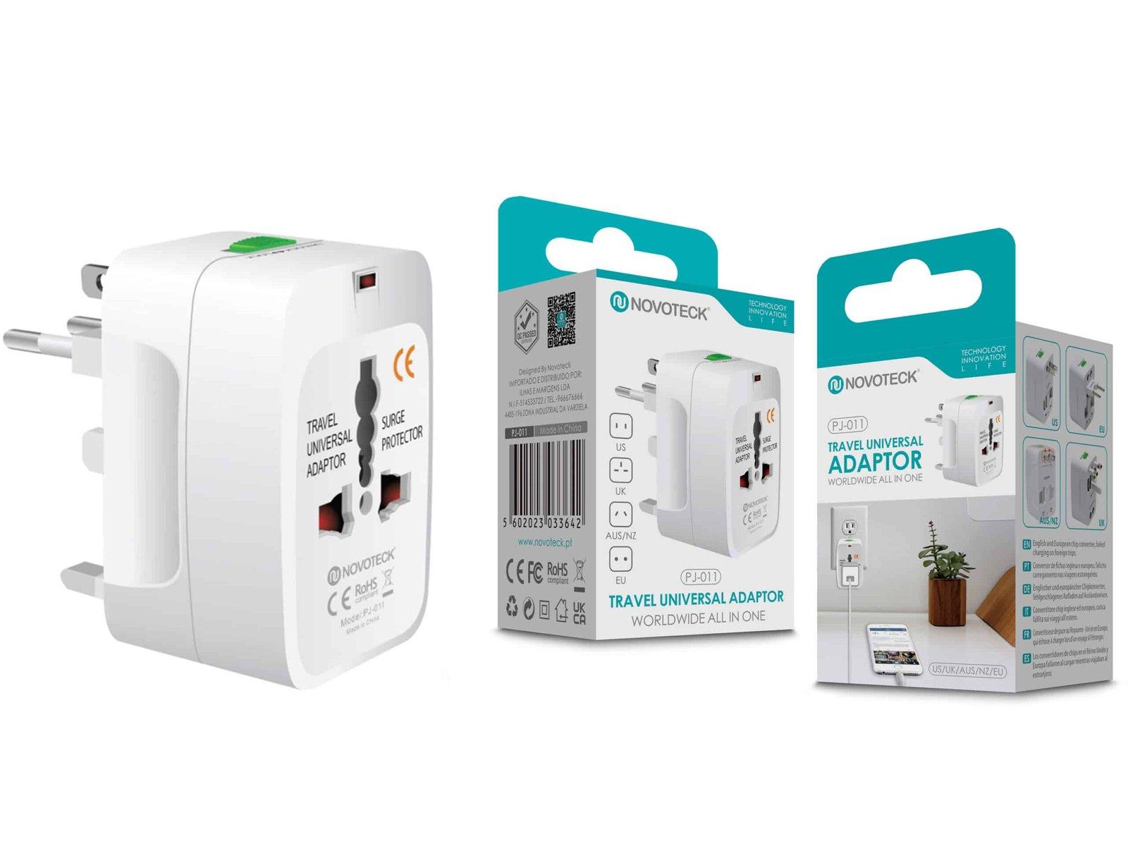 Adaptador Universal de Viagem NOVOTECK PJ-011 - Compatível Mundialmente, Proteção contra Surtos, Design Portátil US-UK-EU-AUS