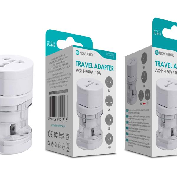 Adaptador de Viagem Universal Novoteck PJ - 014 Branco Compatível com EU/UK/US/AU