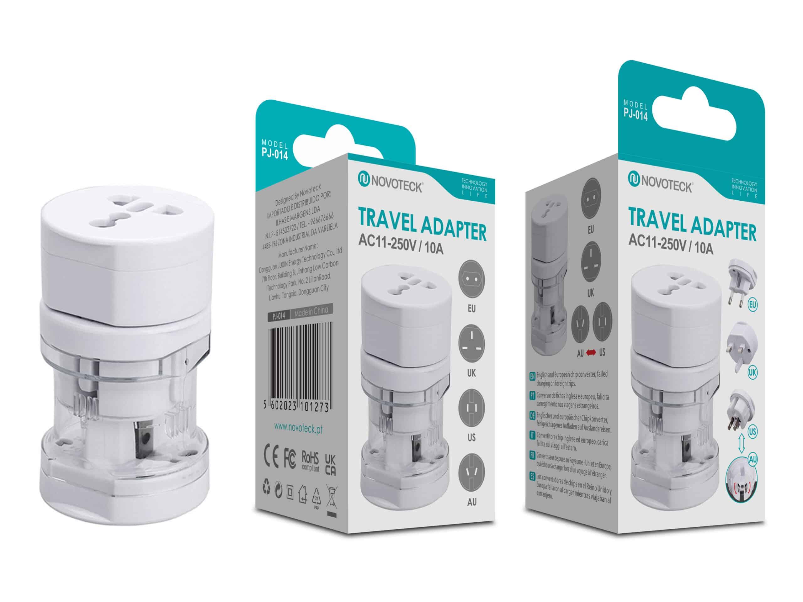 Adaptador de Viagem Universal Novoteck PJ - 014 Branco Compatível com EU/UK/US/AU