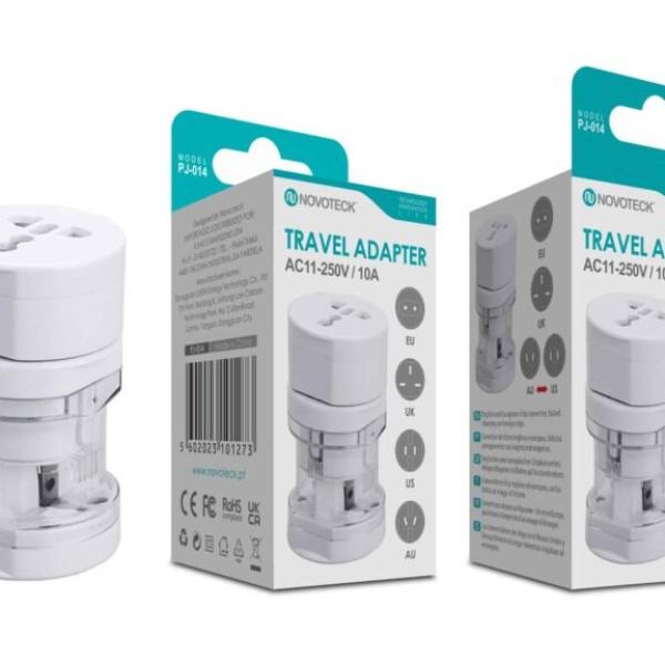 Adaptador de Viagem Universal Novoteck PJ-014 Branco Compatível com EU/UK/US/AU