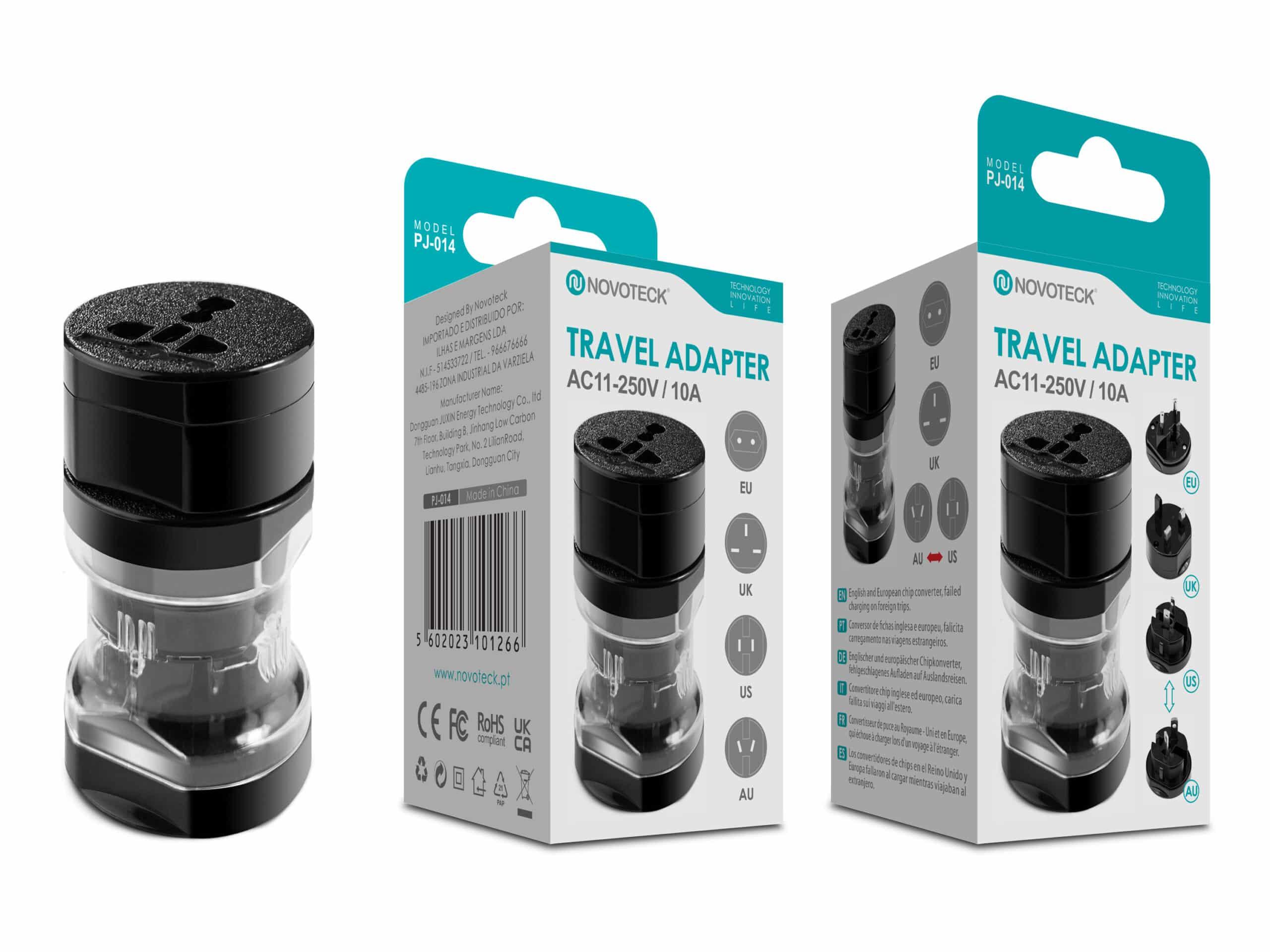 Adaptador de Viagem Universal Novoteck PJ - 014 Negro Compatível com EU/UK/US/AU