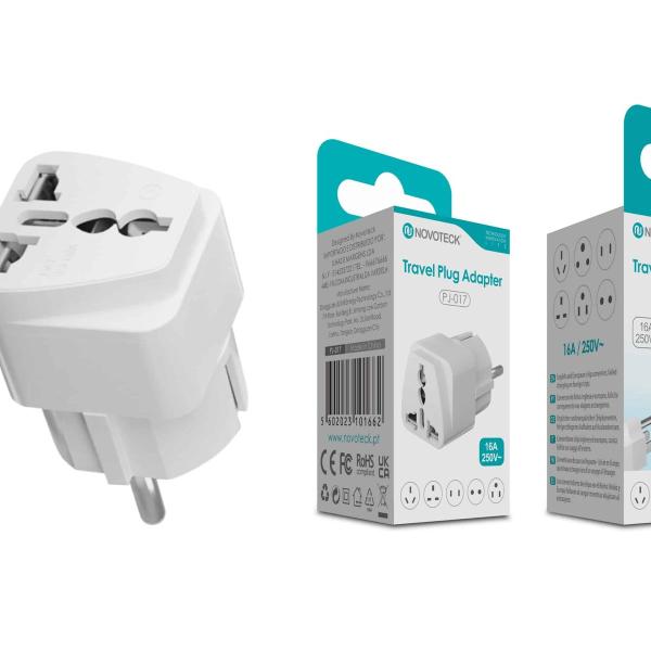 Adaptador de Viagem Universal Novoteck PJ-017 – Suporta até 16A/250V, Compatível com Tomadas Internacionais
