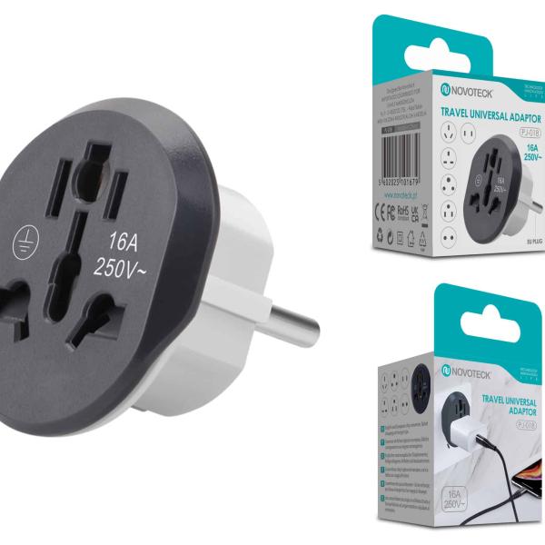 Adaptador Universal de Viagem Novoteck PJ - 018 – Compatível Globalmente, 16A, 250V, Design Compacto, Preto