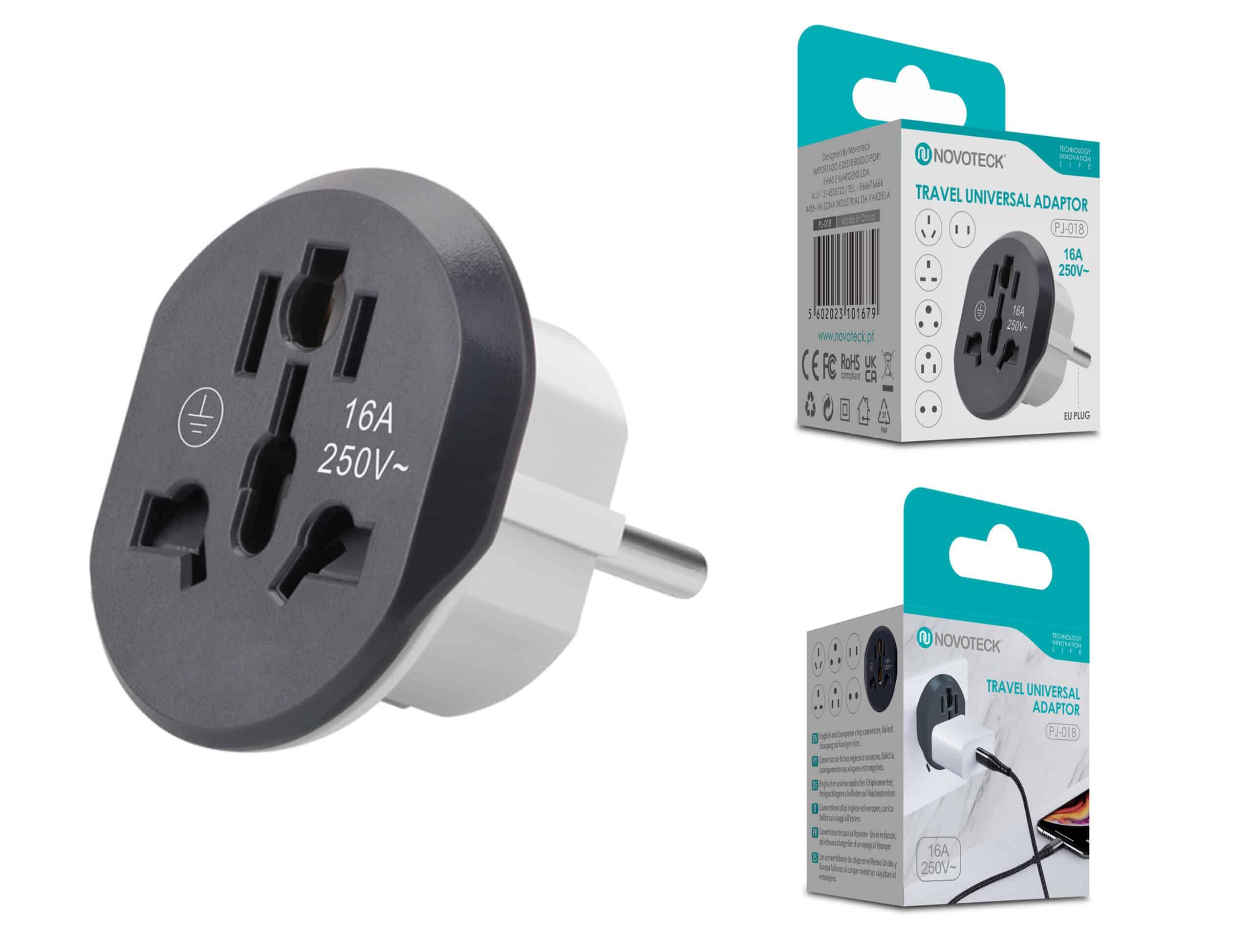 Adaptador Universal de Viagem Novoteck PJ - 018 – Compatível Globalmente, 16A, 250V, Design Compacto, Preto