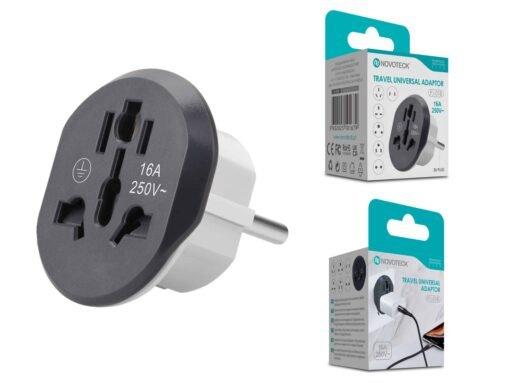 Adaptador Universal de Viagem Novoteck PJ-018 – Compatível Globalmente, 16A, 250V, Design Compacto, Preto