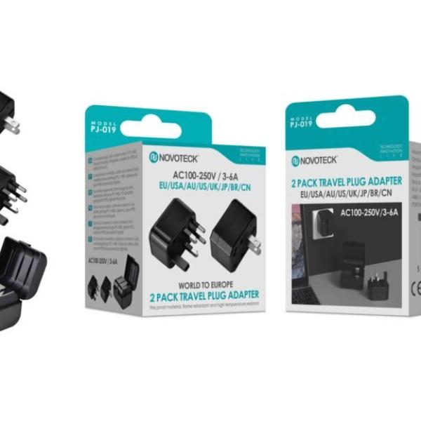 Adaptador de Viagem Universal 2 em 1 Novoteck PJ-019 – Compatível com EU/USA/AU/UK/JP/BR/CN