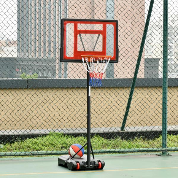 Tabela de Basquetebol Ajustável de 160 - 210cm Aro de Basquetebol com Suporte de Aço Base Recarregável 2 Rodas para Crianças e Adultos 75x83x261cm Vermelho e Preto