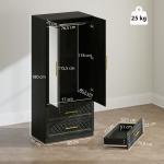 Roupeiro com Espelho 2 Portas e 2 Gavetas Relevo de Diamante Barra para Pendurar Estilo Moderno 80x50x180 cm Preto