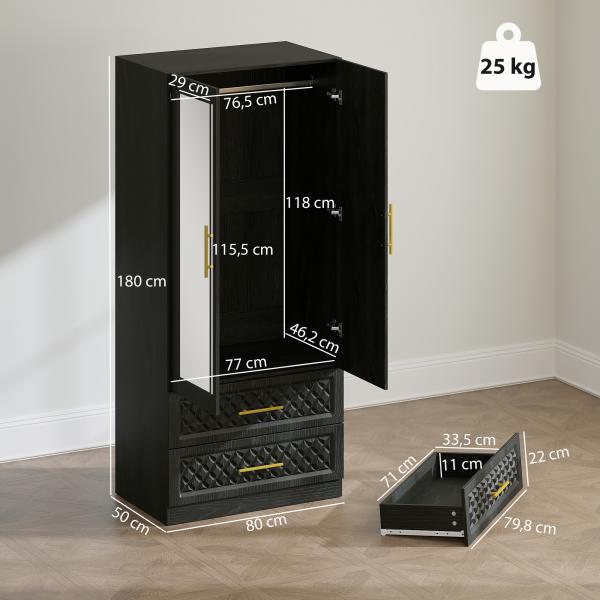 Roupeiro com Espelho 2 Portas e 2 Gavetas Relevo de Diamante Barra para Pendurar Estilo Moderno 80x50x180 cm Preto