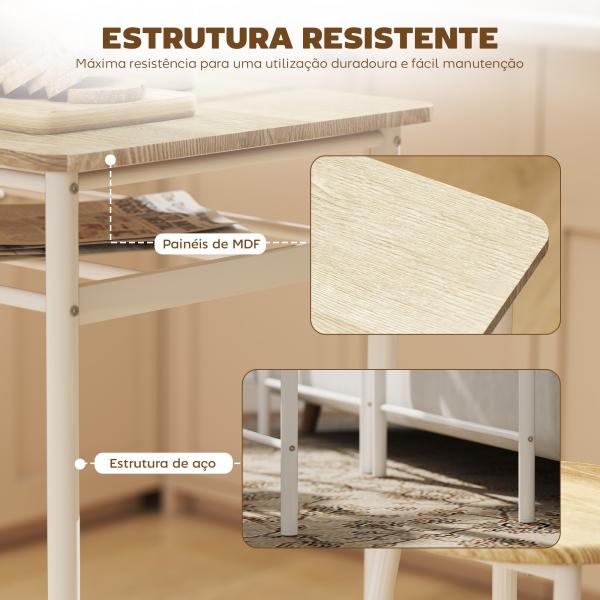 Conjunto de Móvel Bar com Mesa Alta e 2 Bancos com Prateleira de Armazenamento e Estrutura de Metal 80x50x90cm Branco e Madeira