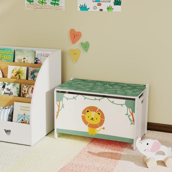 Baú Brinquedos Infantil 53 L Caixa de Arrumação Brinquedos com Tampa Rebatível e Pistão a Gás 60x37x39 cm Verde