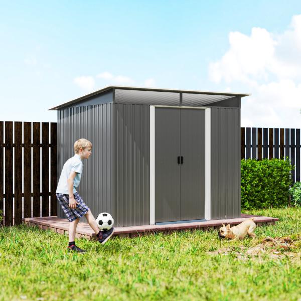 Abrigo de Jardim 4,5 m² 260x194x200 cm Abrigo Exterior Metálico com 2 Portas Deslizantes para Armazenamento de Ferramentas Cinza