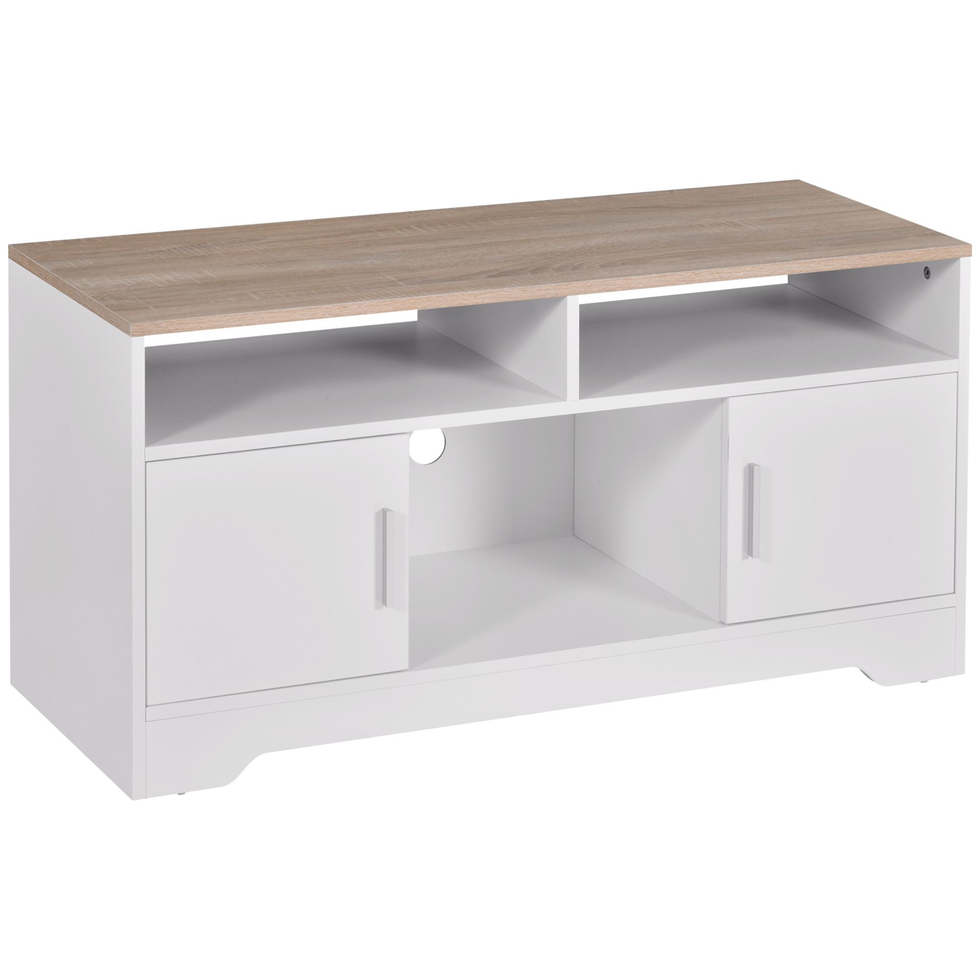 Móvel de TV para Sala de Estar com Espaço de Arrumação Prateleiras Abertas Orifício Passa Cabos 105x40x52 cm Branco e Madeira