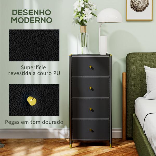 Cómoda para Dormitório Cómoda de Tecido com 4 Gavetas Dobráveis com Frentes de Couro PU 46x30x98 cm Preto