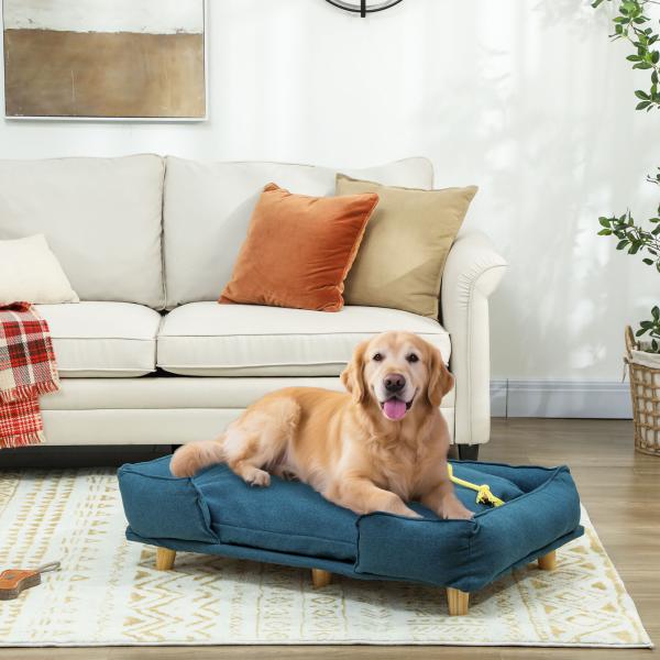 Sofá para Cães Grandes Cama Elevada para Cães com Pés de Madeira e Almofada Lavável 96x66x24 cm Azul Escuro