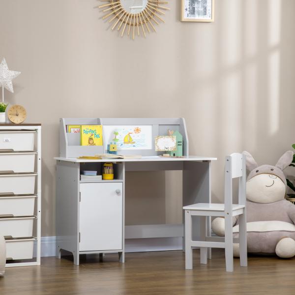 Conjunto de Mesa e Cadeira Infantil de Madeira com Quadro Branco Mesa de Estudo para Crianças acima de 5 Anos 90x45x85cm Cinza