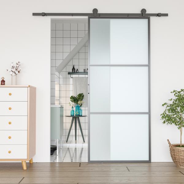 Ferragem para Porta de Correr Kit de Acessórios para Porta Corredeira com 2 Trilhos de Aço de Carbono 200x40x0,6cm Preto