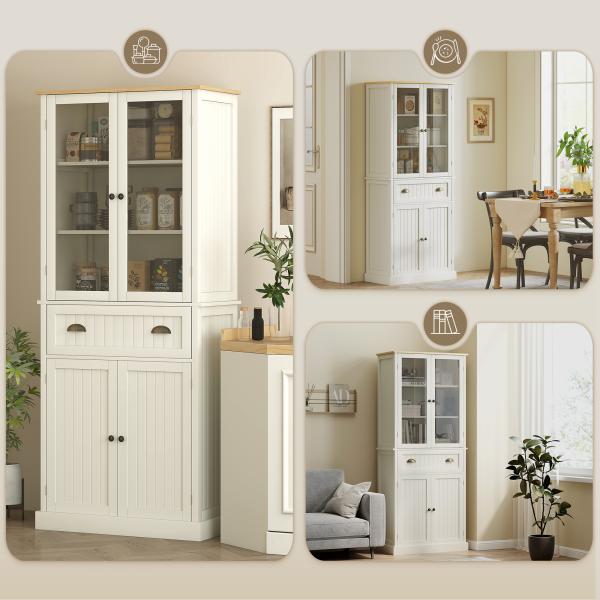 Armário de Cozinha com 2 Portas de Vidro 1 Gaveta e Prateleira Ajustável Móvel Auxiliar de Cozinha 76x40x182,5cm Creme