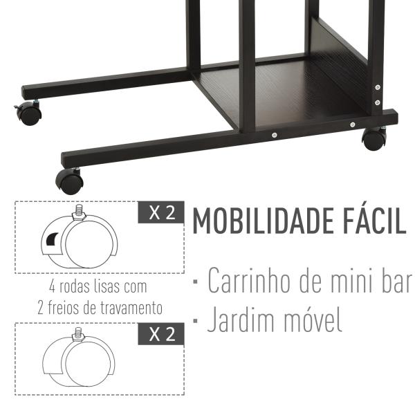 Mesa Lateral para Sofá Mesa lateral em Forma de C com 4 rodas Giratórias Freios Altura Ajustável 3 níveis Estrutura Metálica 80x40x72 - 82cm Preto