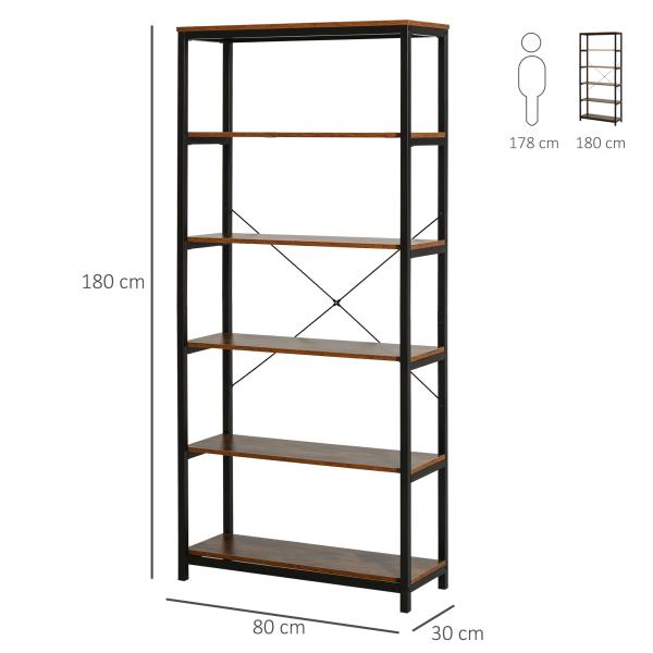 Estante estilo industrial com 6 prateleiras abertas para sala de estar Escritório 80x30x180 cm Castanho Rústico