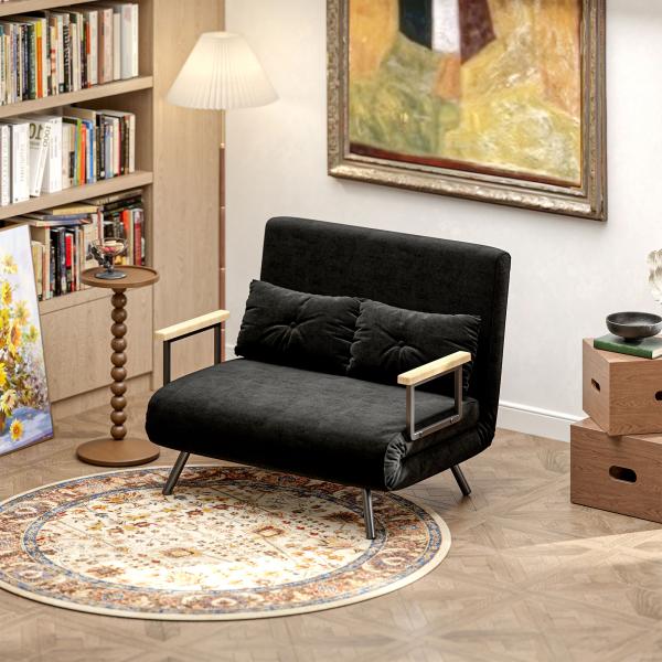 Sofá Cama Sofá Convertível em Cama de 2 Lugares Dobrável com Encosto Ajustável em 5 Níveis e 2 Almofadas 102x73x81 cm Preto