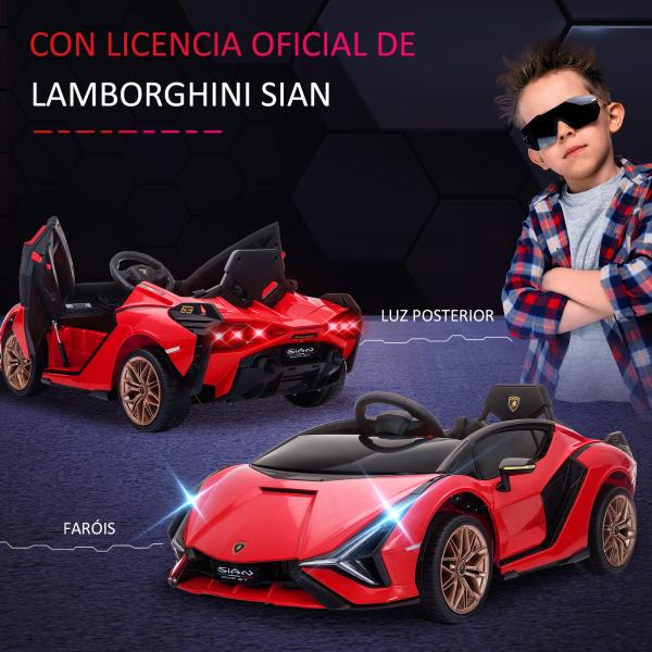Carro Elétrico Lamborghini SIAN 12V para Crianças de 3 - 5 anos com Controle Remoto Abertura da Porta Música MP3 USB e Faróis 108x62x40cm Vermelho