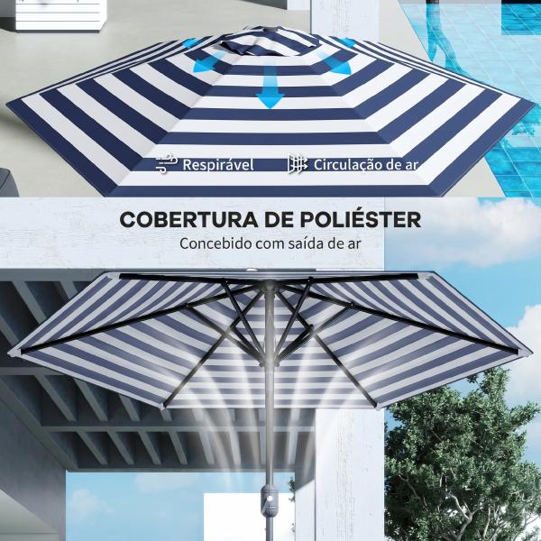 Chapéu de Sol Exterior Ø230 cm com Ângulo Ajustável e Manivela Impermeável Azul e Branco