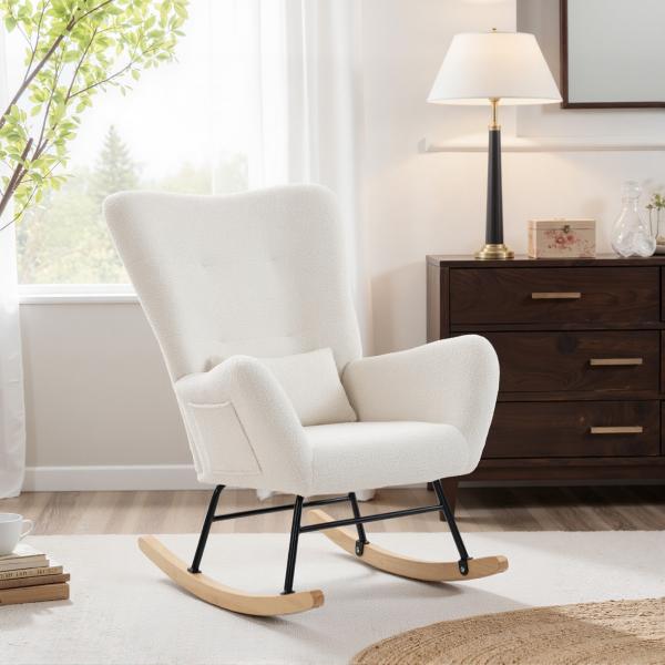 Poltrona Baloiço em Borrego Poltrona para Amamentação com Encosto Acolchoado Almofada e Base de Madeira de Borracha 67x82x100 cm Creme