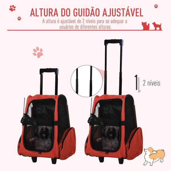 Transportadora 2 em 1 para Animais de Estimação Mochila ou Carrinho de Viagem para Cães e Gatos com 2 Rodas Alça Retrátil de Alumínio e Bolso de Armazenamento 42x25x55cm Vermelho