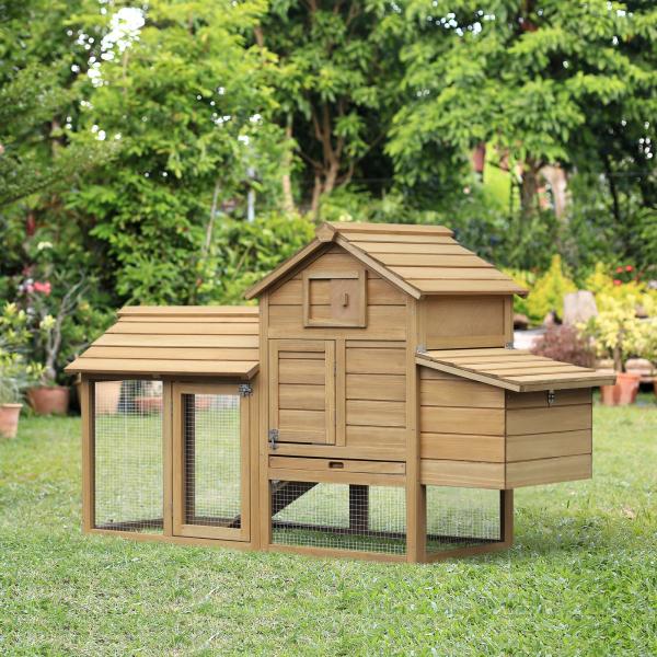 Galinheiro de Madeira de Abeto para Exterior Gaiola para 2 - 3 Galinhas com Cercado de Arame Teto Abatível Caixa Ninho Bandeja Removível e Rampa 150,5x54x87 cm Natural