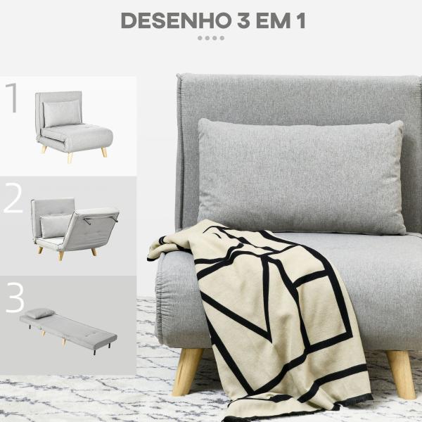 Poltrona 2 em 1 Sofá Cama Individual Dobrável com Encosto Ajustável e Almofada Carga 150 kg 72x78x79 cm Cinza