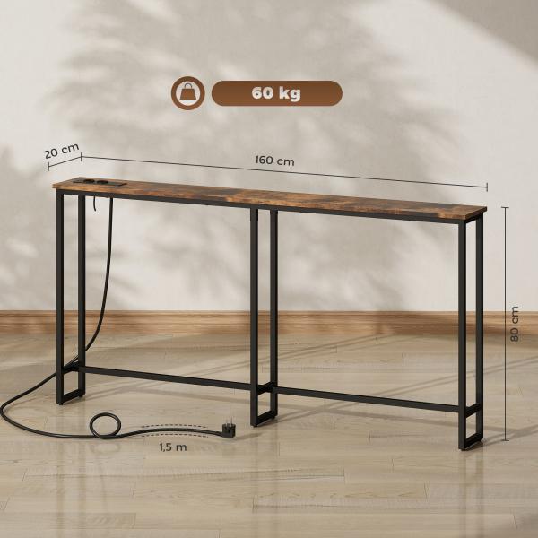 Mesa de Consola Estreita Consola com Estação de Carga Estrutura de Aço Estilo Industrial para 160x20x80 cm Marrom Rústico