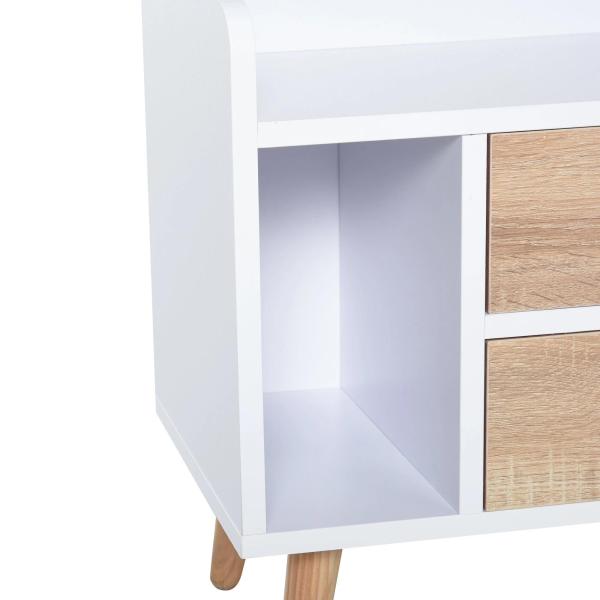 Mesa de Cabeceira com 2 Gavetas Grandes 1 Prateleira Aberta e Pés Elevados Estilo Nórdico 43x30x49 cm Branco e Madeira