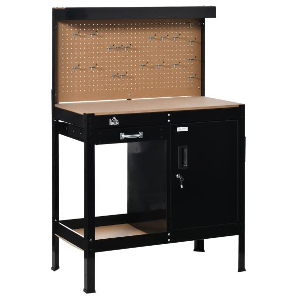 Bancada de Trabalho 98,5x48x140 cm Mesa de Trabalho com Painel Perfurado Gaveta Prateleira e Armário com Fechadura Preto
