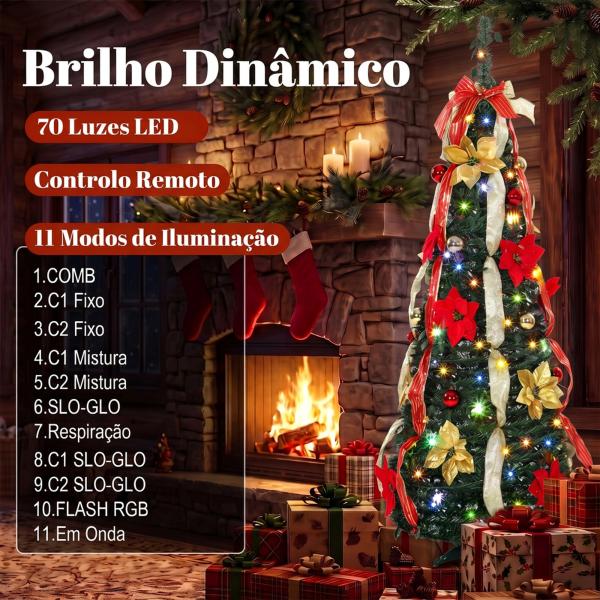Árvore de Natal Desdobrável 150 cm com 70 Luzes LED, 11 Modos, Comando à Distância e Decoração Incluída, Verde