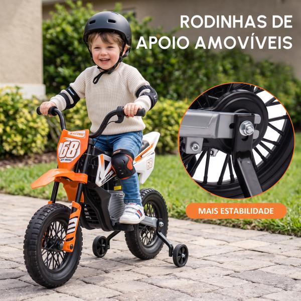 Moto Elétrica Infantil 12V com Música, Velocidade 2,4 - 5 km/h, Rodas Auxiliares, 109,5x60x72,5 cm, Laranja