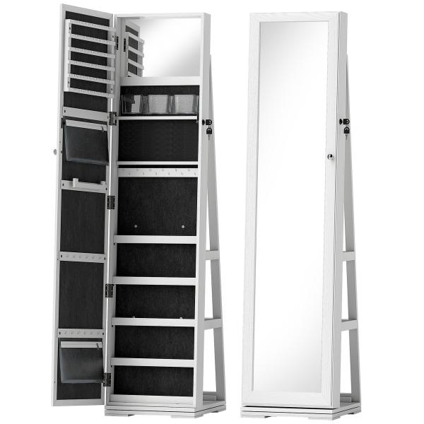 Joalheiro de Pé Armário para Jóias 360° com Fechadura e Espelho Incorporado Carga Máxima 20 kg 38x38x160 cm Branco