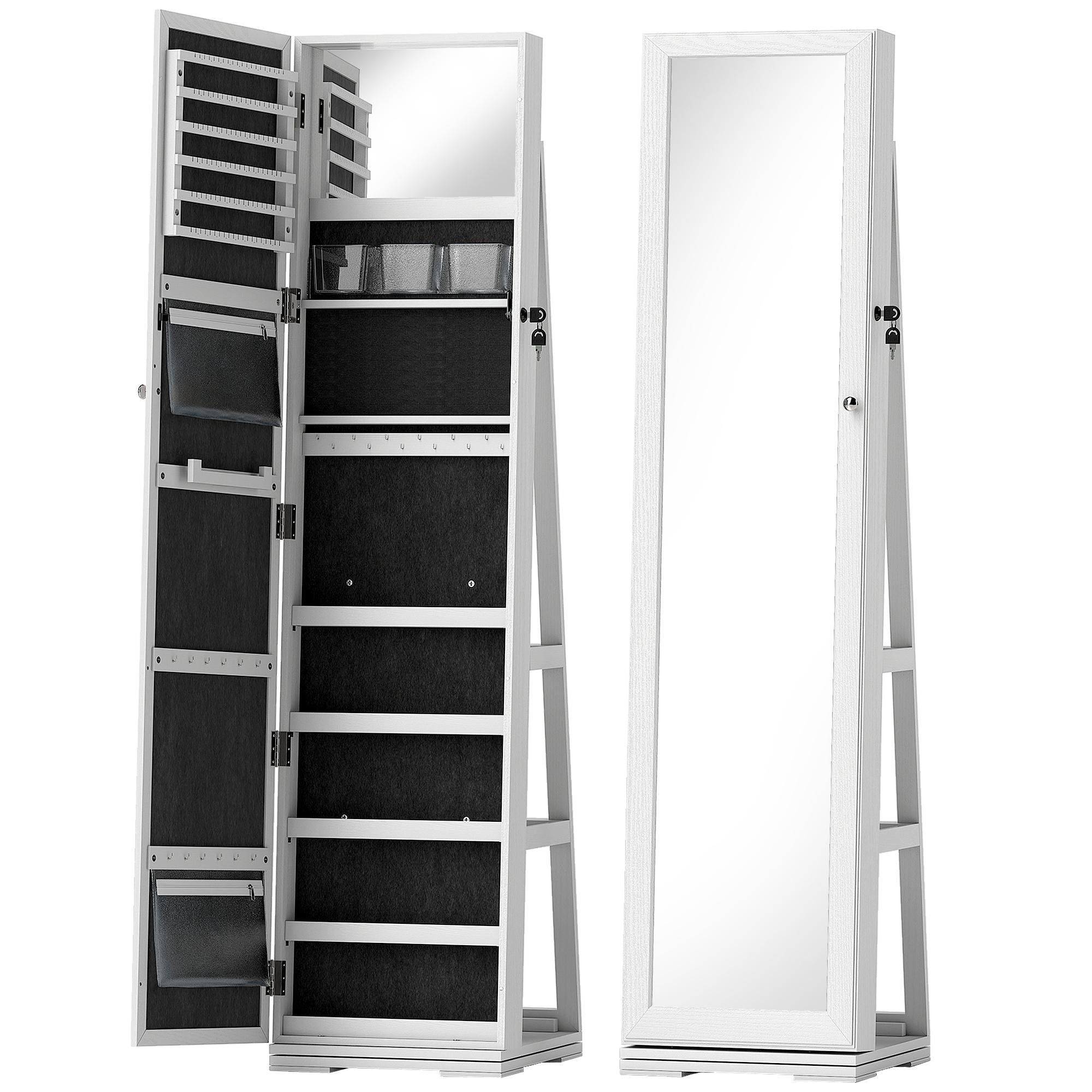 Joalheiro de Pé Armário para Jóias 360° com Fechadura e Espelho Incorporado Carga Máxima 20 kg 38x38x160 cm Branco
