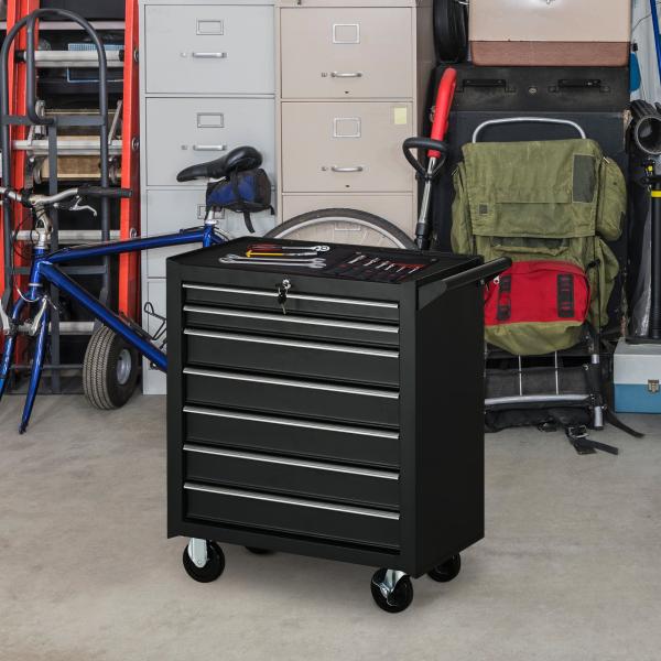 Carrinho de Ferramentas com 7 Gavetas Rodas Trava Armário de Armazenamento para Oficina de Garagem e Chapa de Aço 69x33x75 cm Preto