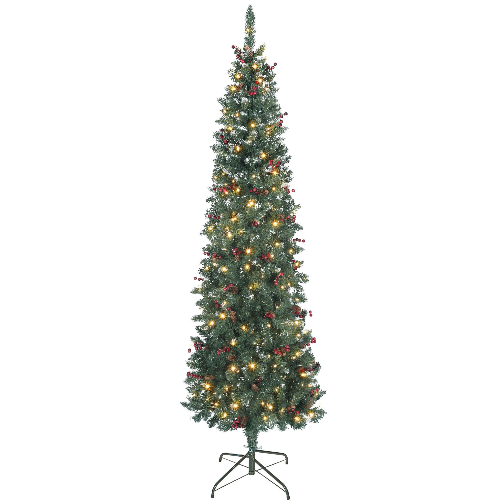 Árvore de Natal Slim 210 cm com Luzes LED 8 Modos de Iluminação 656 Ramos com Purpurina Prateada Pinhas e Bagas Verde