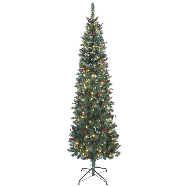 Árvore de Natal Slim 210 cm com Luzes LED 8 Modos de Iluminação 656 Ramos com Purpurina Prateada Pinhas e Bagas Verde