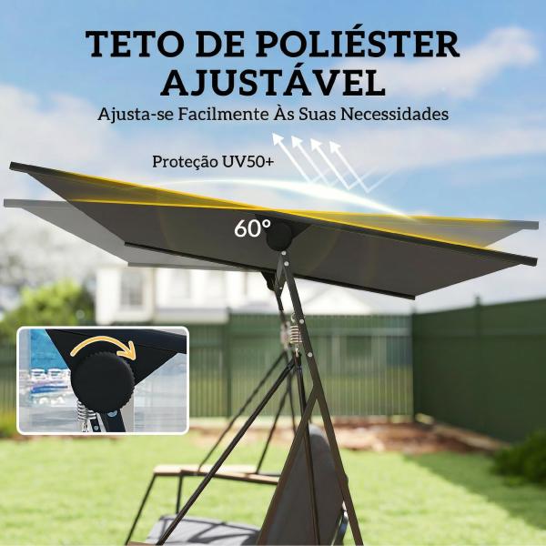 Baloiço de Jardim de 3 Lugares com Teto Ajustável UPF50+ 2 Bandejas Almofadas e Estrutura em Metal 222x131x175 cm Cinza