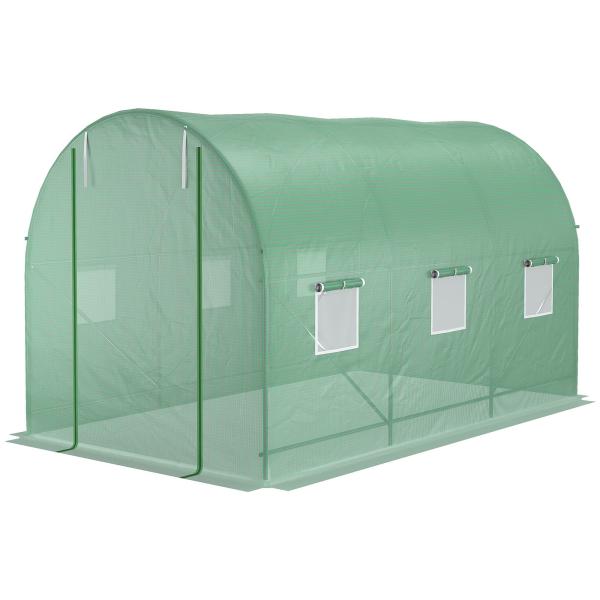 Estufa Tipo Túnel de Jardim 350x200x200cm Estufa de Jardim com 6 Janelas Respiráveis e Porta Enrolável com Zíper para Cultivo de Plantas e Verduras Verde